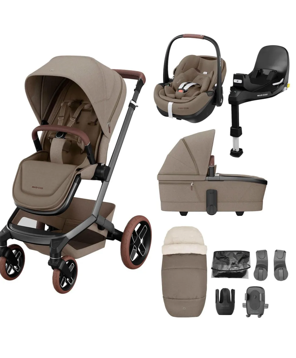 Maxi Cosi Fame Pushchair Bundle with Pebble 360 Pro² Car Seat (7 Pieces)- Truffle with Brown Wheels