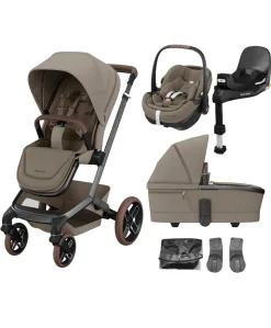 Maxi Cosi Fame Pushchair Bundle with Pebble 360 Pro² Car Seat (4 Pieces) - Truffle with Brown Wheels
