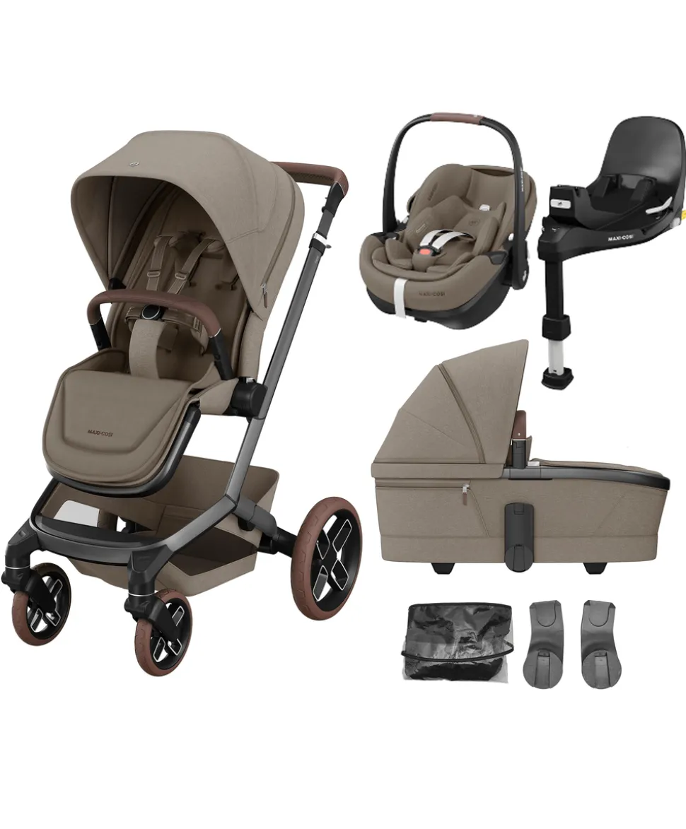 Maxi Cosi Fame Pushchair Bundle with Pebble 360 Pro² Car Seat (4 Pieces) - Truffle with Brown Wheels