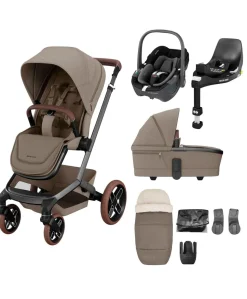 Maxi Cosi Fame Pushchair Bundle with Pebble 360 Car Seat (6 Pieces) - Truffle with Brown Wheels