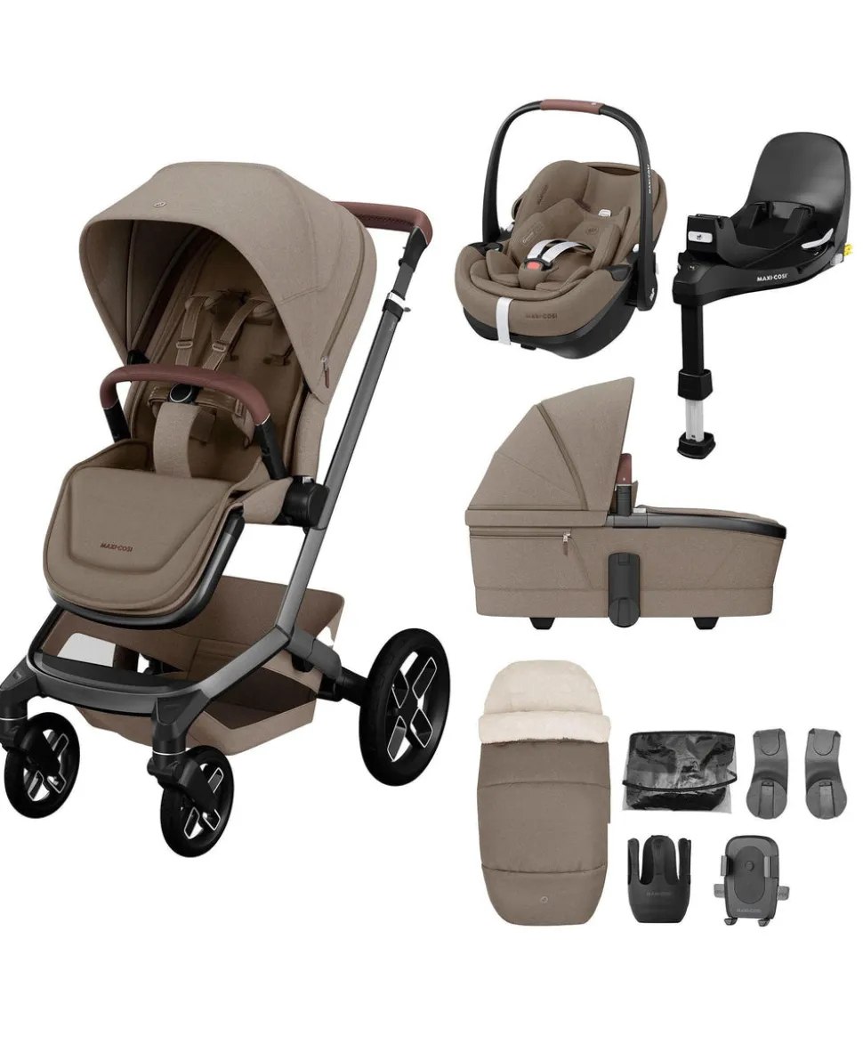 Maxi Cosi Fame Pushchair Bundle with Pebble 360 Pro² Car Seat (9 Pieces) - Truffle with Black Wheels
