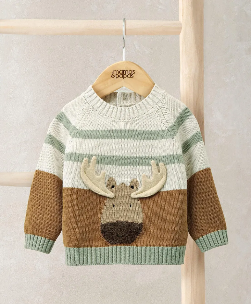 Moose Character Knit Jumper with 3D Antlers - Brown