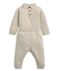 Oatmeal Knit Polo Bodysuit & Bottoms Set (2 Pieces)