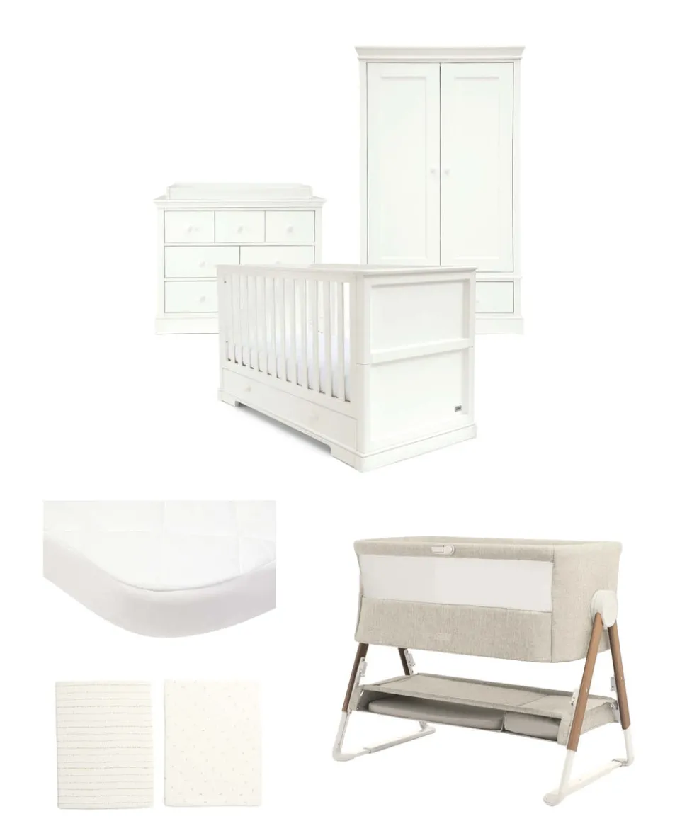 Oxford Nursery Bundle with Lua Bedside Crib (6 Piece) – White