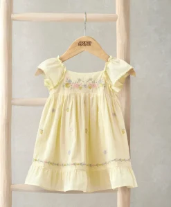 Peplum Frill Embroidered Dress - Yellow