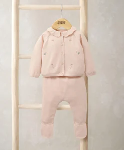 Peter Pan Collar Embroidered Top & Leggings Set (2 Pieces) - Pink