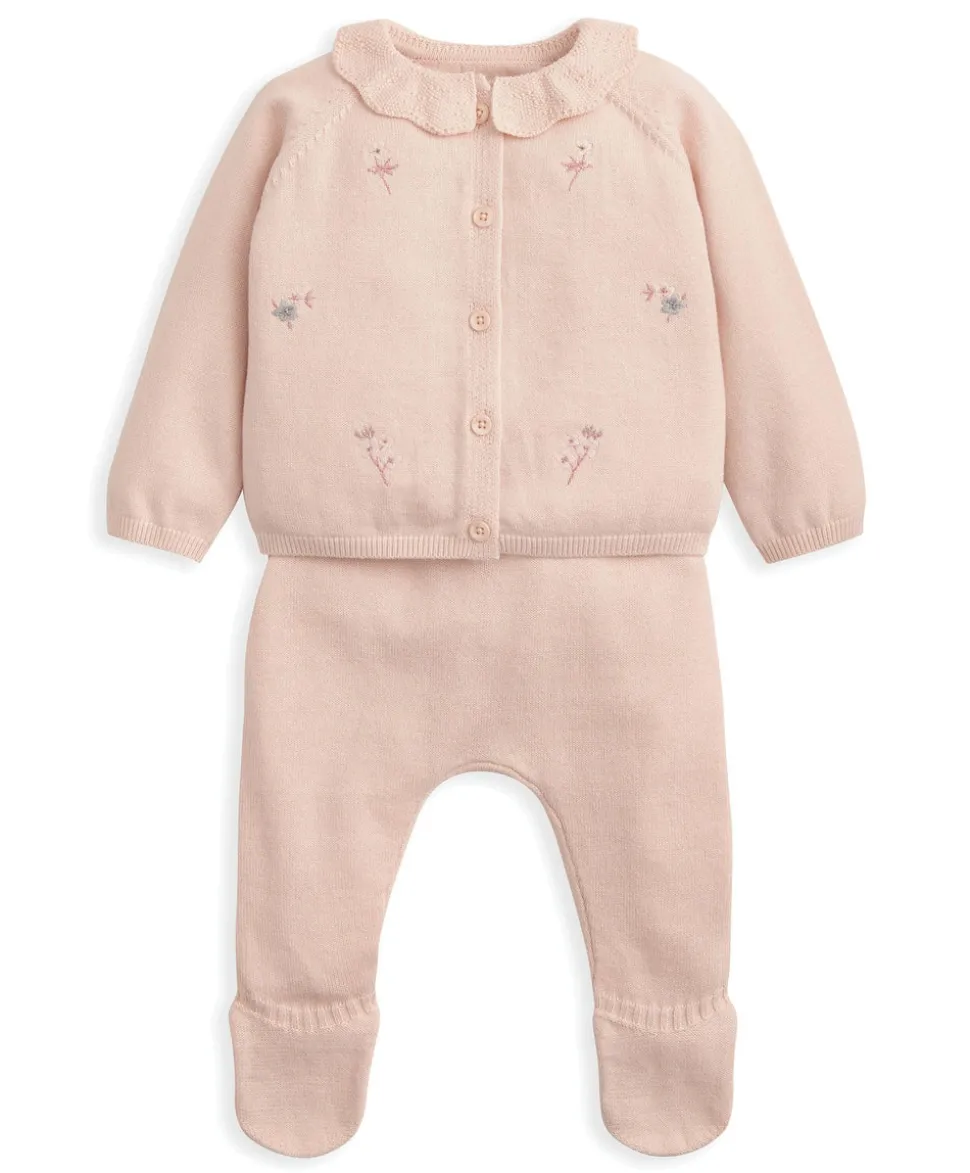 Peter Pan Collar Embroidered Top & Leggings Set (2 Pieces) - Pink