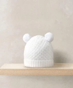 Rib Knit Hat & Pom Poms - White