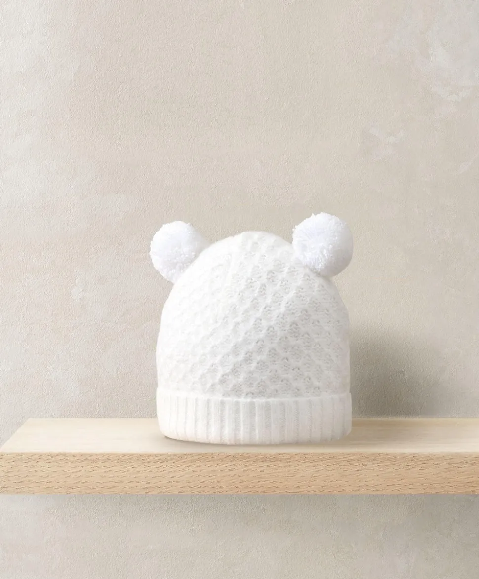 Rib Knit Hat & Pom Poms - White