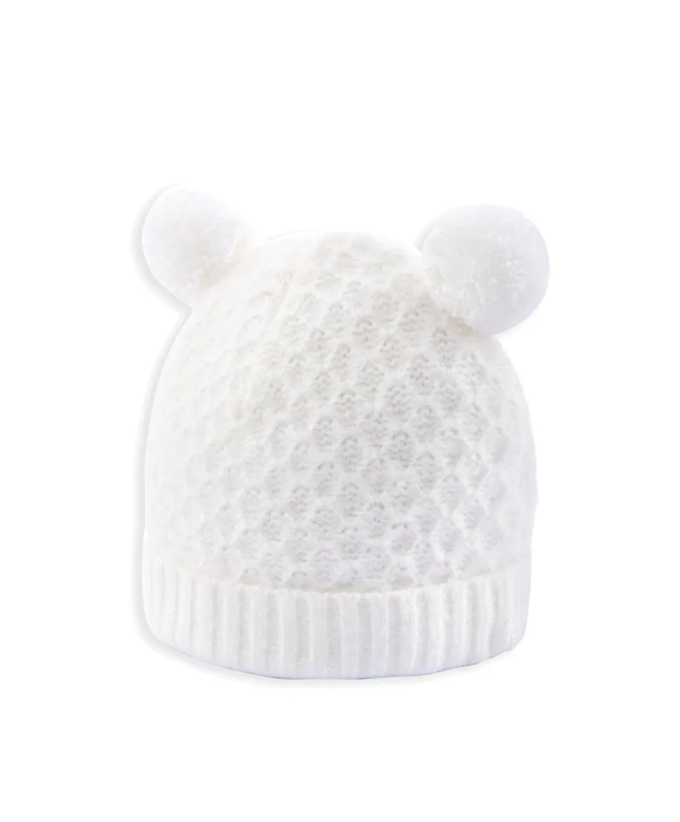 Rib Knit Hat & Pom Poms - White