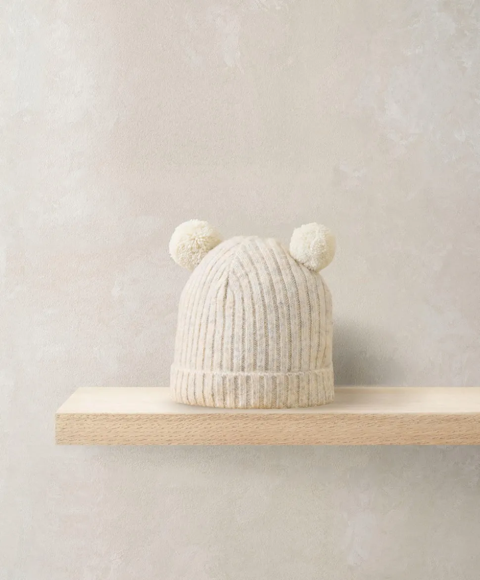 Rib Knit Hat with Pom Poms - Oatmeal