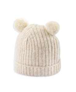 Rib Knit Hat with Pom Poms - Oatmeal