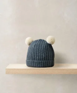 Rib Knit Hat with Pom Poms - Blue
