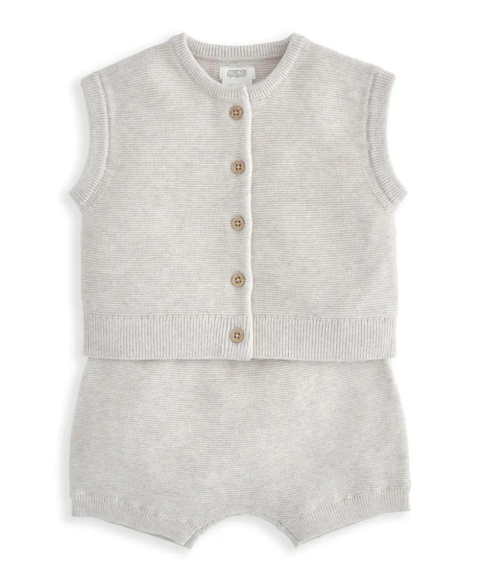 Ribbed Knit Cardigan & Shorts Set (2 Pieces) - Sand