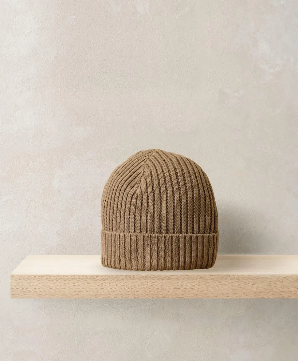 Stripe Knit Beanie Hat - Beige