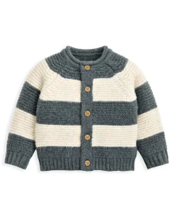 Striped Knit Cardigan with Raglan Sleeves - Blue