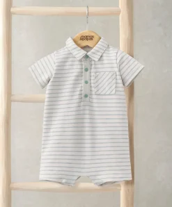 Striped Romper with Collar - White