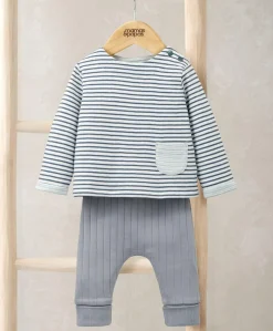 Striped Top & Rib Leggings Set (2 Pieces) - Blue