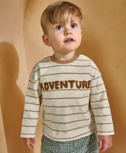 Striped T-Shirt with Boucle Adventure Detail - Cream