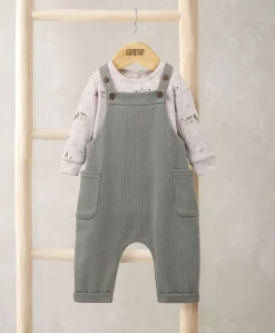 Waffle Dungarees & Moose Print Bodysuit Set (2 Pieces)