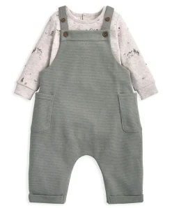 Waffle Dungarees & Moose Print Bodysuit Set (2 Pieces)