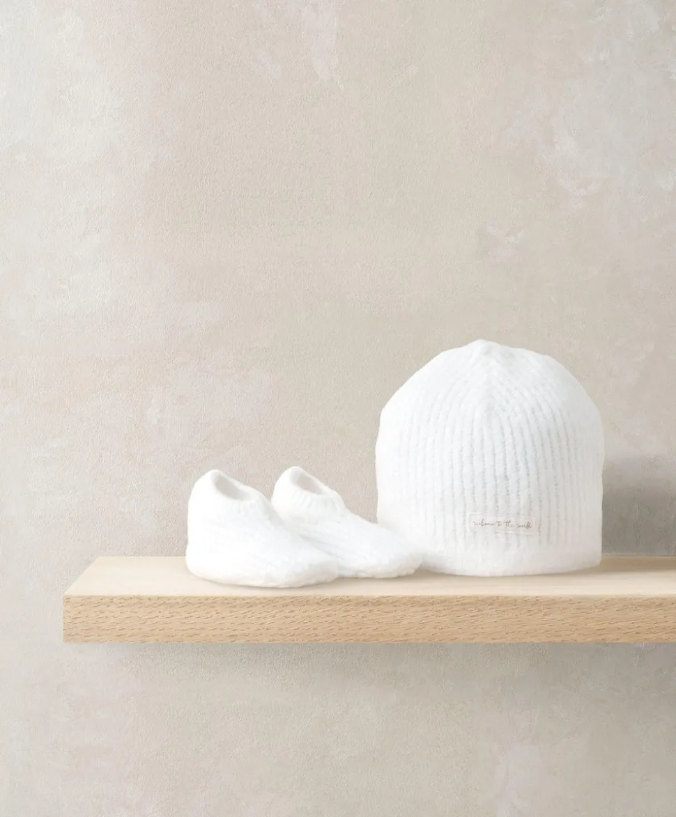 Waffle Knit Hat & Booties Set - White