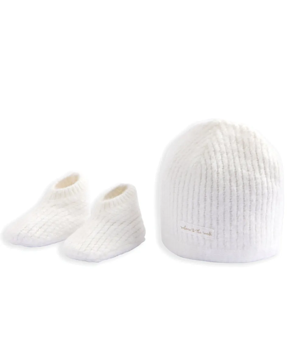 Waffle Knit Hat & Booties Set - White